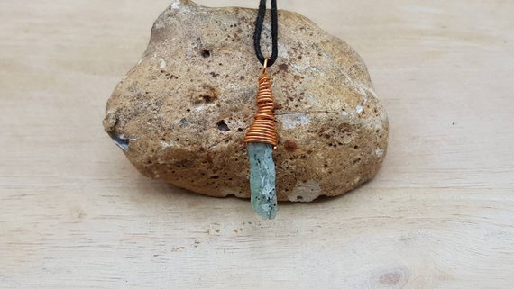 Raw Green Kyanite Pendant. Raw Crystal Necklace. Reiki Jewelry Uk. Copper Wire Wrap Pendant. Empowered Crystals