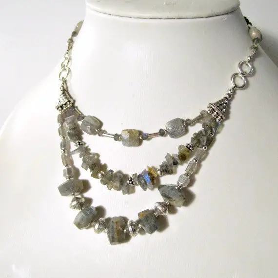 Gray Labradorite Necklace - Statement Necklace - Sterling Silver Jewelry - Multi Strand Jewellery - Triple Strand - Grey - Gemstone N-121