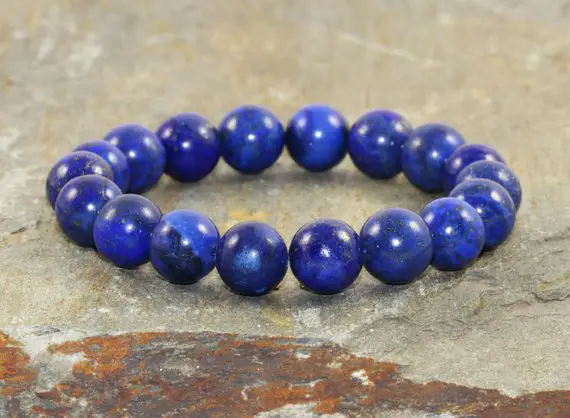 10mm Lapis Lazuli Bracelet, Throat Chakra Jewelry, Wrist Mala Beads, Stress Relief-feminine Power- Communication-emotionally Soothing
