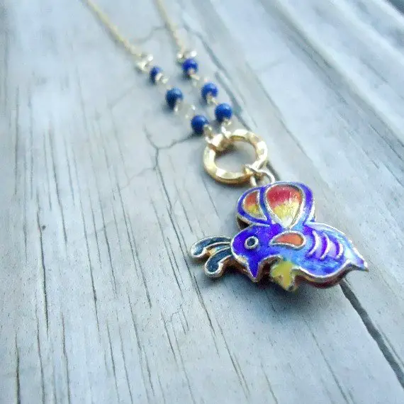 Navy Blue Necklace - Cloisonne Butterfly - Lapis Lazuli Jewellery - Gold Jewelry - Gemstone - Pendant - Chain N-164