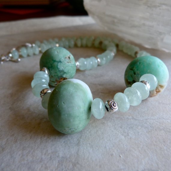 Large Matte Raw Stone Chrysoprase And Transluscent Prehnite Rondelles Artisan Statement Necklace And Earrings