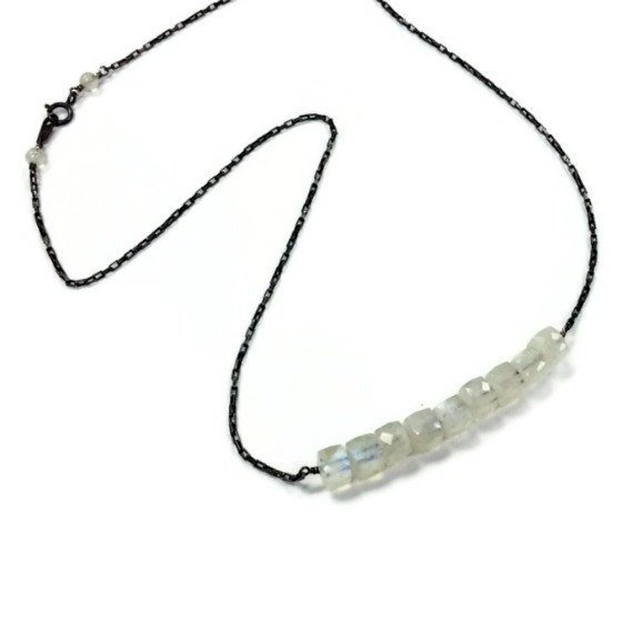 Rainbow Moonstone Necklace - Oxidized Sterling Silver Jewelry - Gemstone Jewellery - Bead Bar - Iridescent - Cubes