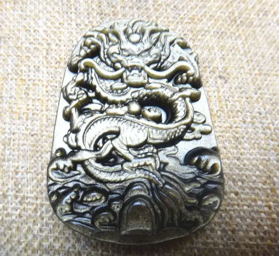 Natural Gold Obsidian Stone Chinese Dragon Pendant Amulet