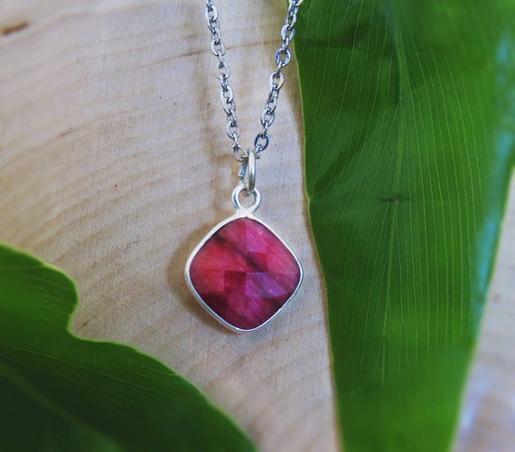 Natural Raw Ruby Necklace, Square Raw Ruby Necklace In Silver, Real Deep Red Ruby Square Necklace, Unique Ruby Necklace