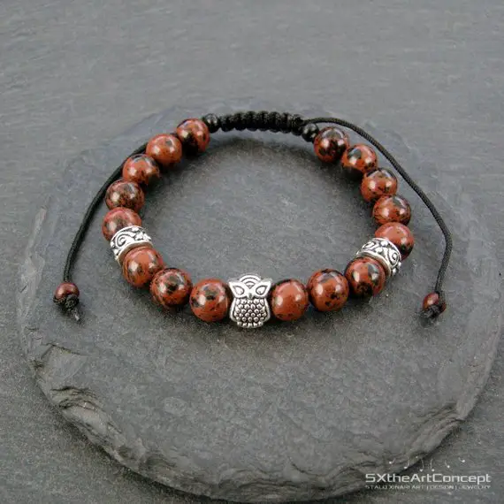 Mahogany Obsidian Owl Bracelet, A Stacking Wristband With Anxiety Stone, Yoga Mala, Gift For Him Or Her, Men Jewelry