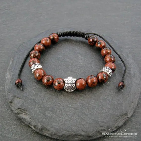 Mahogany Obsidian Owl Bracelet, Stacking Wristband, Anxiety Stone, Adjustable Unisex Jewelry