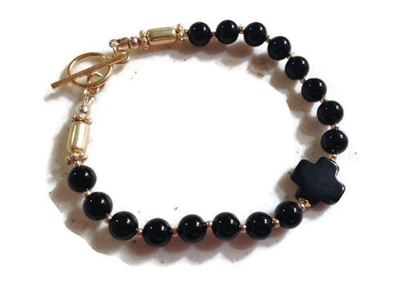 Black Onyx Bracelet - Gemstone Jewelry - Gold Jewellery - Celtic Cross - Fashion - Beaded - Style