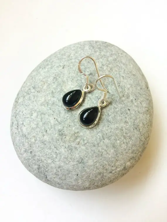 Black Onyx Tiny Drops Silver Earrings, Teardrop Dangle Earrings, Sterling Silver Dainty Earrings, Natural Black Onyx, Small Black Earrings