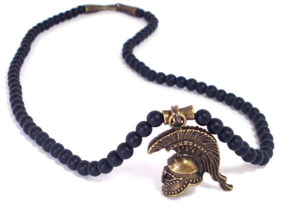Onyx Mens Necklace With Spartan Helmet, Antique Bronze Pendant Mens Necklace, Gift For Men, Mens Gemstone Necklace , Mens Beaded Necklace