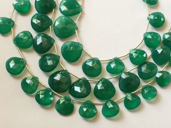 12-19mm Green Onyx Faceted Heart Beads, Natural Green Onyx Heart Briolettes, Emerald Green Onyx For Jewelry (8in To 16in Options)