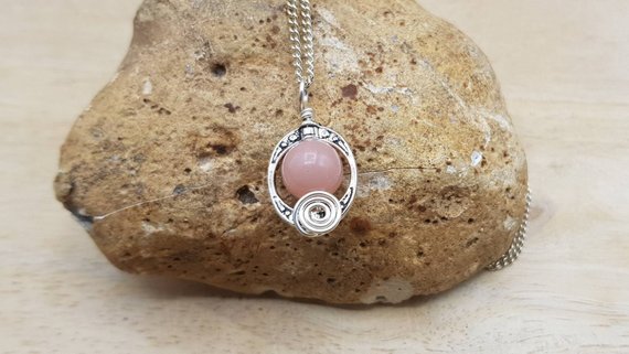 Small Pink Opal Pendant. Reiki Jewelry Uk. 14th Anniversary Necklace. October Birthstone. Silver Plated Oval Frame Wire Wrapped Pendant