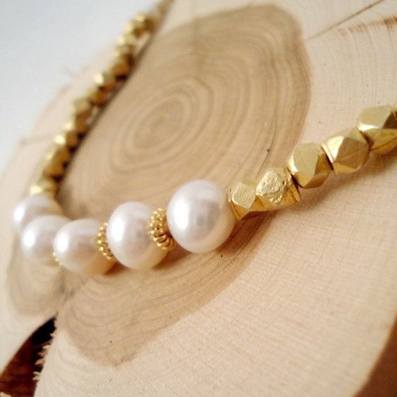 Pearl Bracelet - June Birthstone - Gold Jewelry - White Freshwater Pearl Gemstone Jewellery - Vermeil - Bride - Wedding B-70