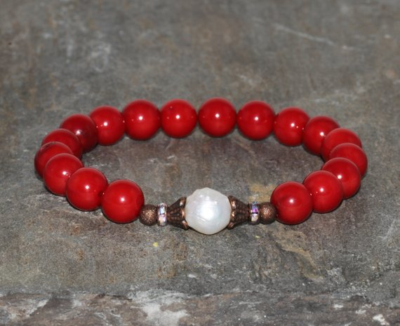 Red Choral & Fresh Water Pearl Yoga Bracelet, Wrist Mala Buddhist Bracelet, Chakra Meditation Beads, Emotional Balance-relaxation-soothing