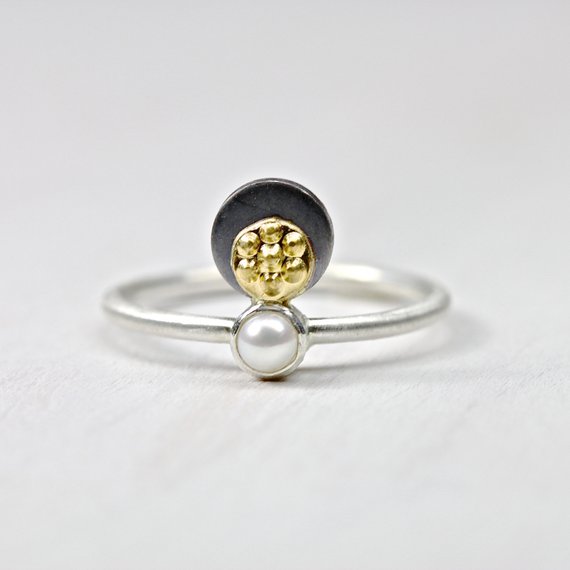 Delicate White Pearl 22k Yellow Gold Silver Ring Unique June Birthstone Statement Elegant Feminine Beach Gift Idea For Her - Tahitian Sunset