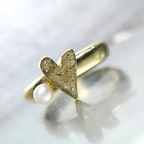 Textured Gold Heart Pearl Engagement Ring 14k Yellow June Birthstone Romantic Love Valentine's Day Modern Unique Design - Heart And Pearl