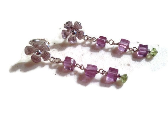 Amethyst Earrings - Purple And Green Jewelry - Peridot Gemstone Jewellery - Sterling Silver - Flower - Luxe