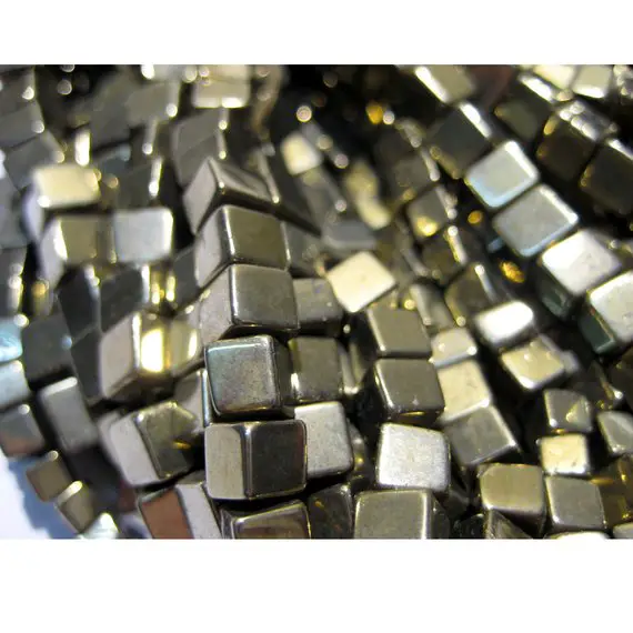 6mm Pyrite Plain Box Beads, Natural Pyrite Cube Beads,  Natural Pyrite Square Box Beads For Jewelry (8in To 16in Options) - Pbb