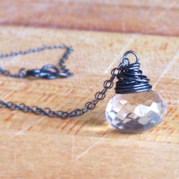Crystal Necklace - Crystal Jewelry - Crystal Quartz Gemstone Jewellery - Sterling Silver Oxidized - Wire Wrapped - Teardrop