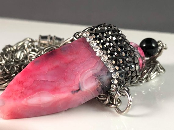Raw Pink Rhodochrosite Divine Feminine Crystal Point Hematite Marcasite Warrior Necklace