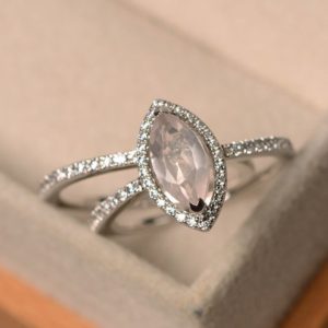 rose quartz ring for women, marquise cut halo ring, silver engagement ring, lovely ring | Natural genuine Gemstone rings, simple unique alternative gemstone engagement rings. #rings #jewelry #bridal #wedding #jewelryaccessories #engagementrings #weddingideas #affiliate #ad