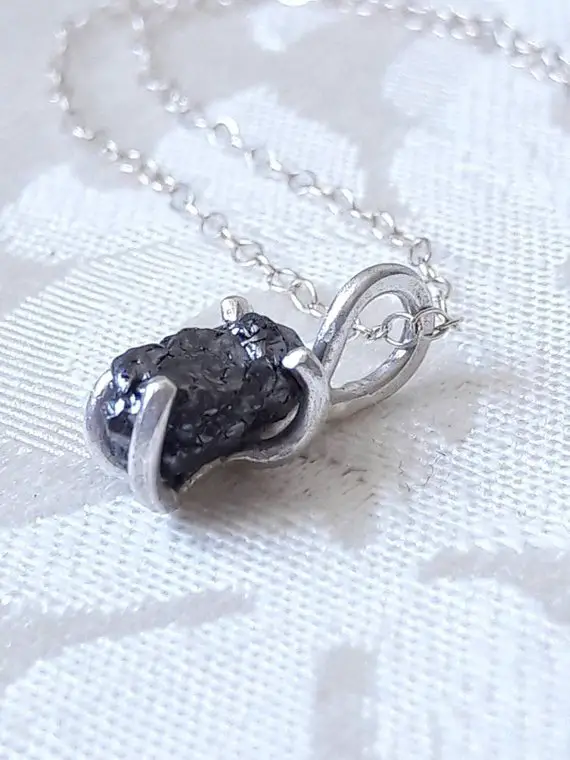 Rough Diamond Pendant Necklace - Simple Diamond Necklace - Raw Diamond Jewelry - Black Diamond Pendant - Minimalist Silver Pendant