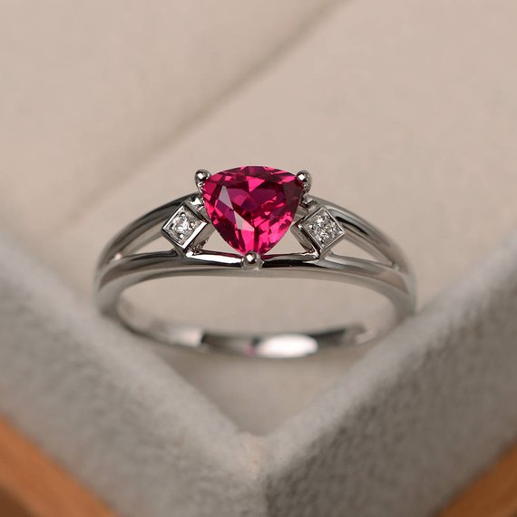Anniversary Ring, Ruby Ring, Trillion Cut Red Gemstone, July Birthstone, Sterling Silver Ring