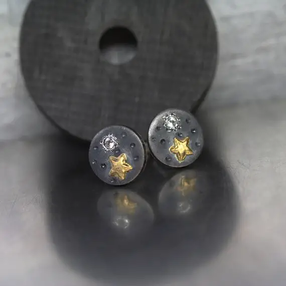 Moon & Star Stud Earrings White Sapphire 22k Yellow Gold Oxidized Silver Round Night Sky Accessories Romantic Gift Idea Her - Mondsternchen
