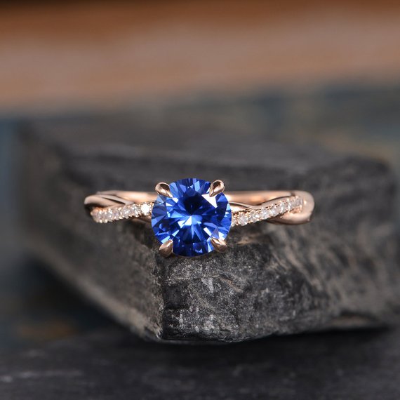 Lab Sapphire Engagement Ring Rose Gold September Birthstone Twist Solitaire Ring Diamond Infinity Half Eternity Bridal Women Anniversary