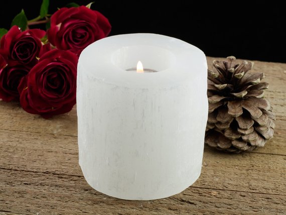 Selenite Candle Holder - Raw Selenite Crystal, Tea Light Holder, Housewarming Gift, Home Decor, E1227