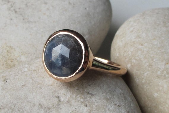 Simple Raw Sapphire Engagement Ring- Genuine Natural Blue Sapphire Round Promise Ring- Solitaire Anniversary Ring-september Birthstone Ring