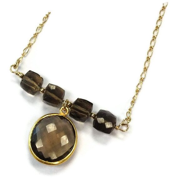 Brown Necklace - Smoky Quartz Jewelry - Bead Bar Jewellery - Yellow Gold - Pendant - Chain N-206