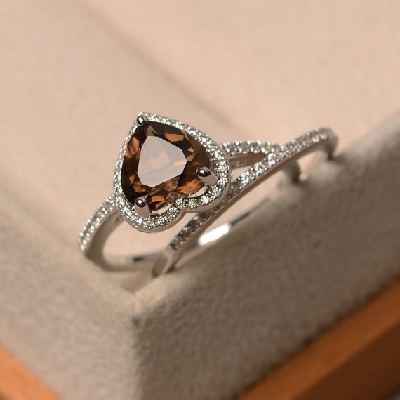 Smoky Quartz Ring, Heart Cut Brown Gemstone, Halo Ring, Sterling Silver Ring, Bridal Set Rings