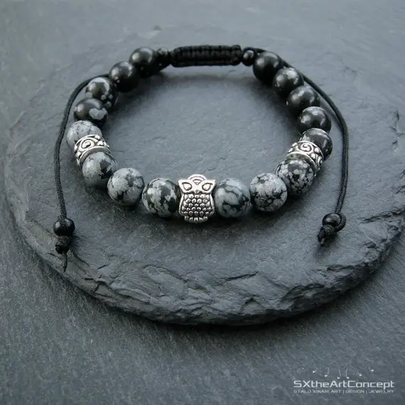 Snowflake Obsidian Owl Mens Bracelet, A Stacking Wristband With Protective Stone, Yoga Mala, Gift For Him Or Her, Men Jewelry