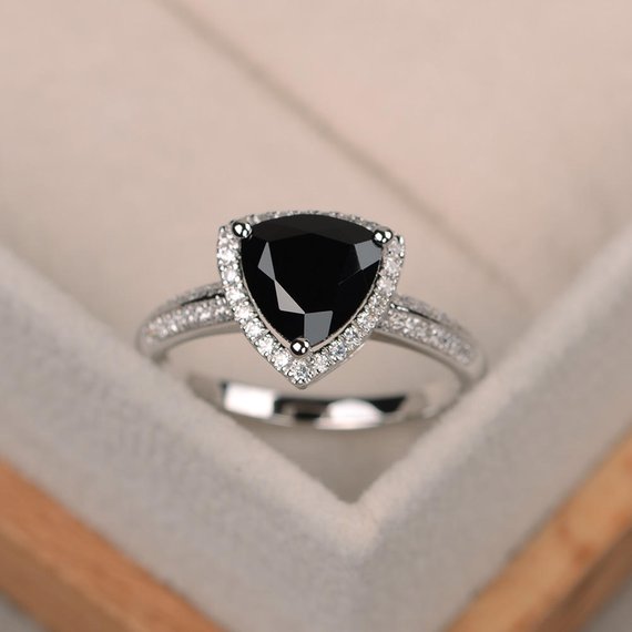 Black Spinel Ring, Trillion Cut Black Rings, Gemstone Ring Black, Sterling Silver Ring