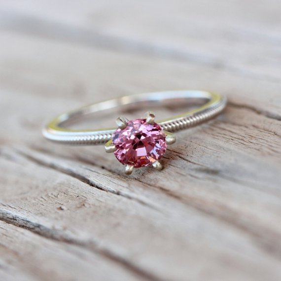 Romantic Pink Spinel Engagement Ring 14k White Gold Milgrain Detail Traditional 6 Prong Bridal Band Sparkly Bright Gemstone - Blush Twinkle