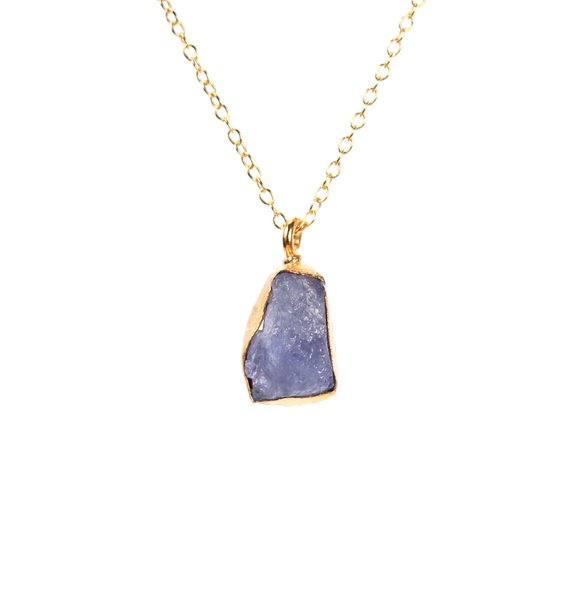 Tanzanite Necklace, Purple Crystal Necklace, Raw Crystal Pendant, A Gold Bezel Set Raw Purple Tanzanite Hanging From A 14k Gold Filled Chain
