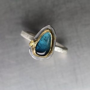 Blue Tourmaline Slice Silver 22K Yellow Gold Statement Ring Tumbled Teal Gemstone Namibia Unique Boho Drop Setting Her – Indicolite Island | Natural genuine Tourmaline rings, simple unique handcrafted gemstone rings. #rings #jewelry #shopping #gift #handmade #fashion #style #affiliate #ad