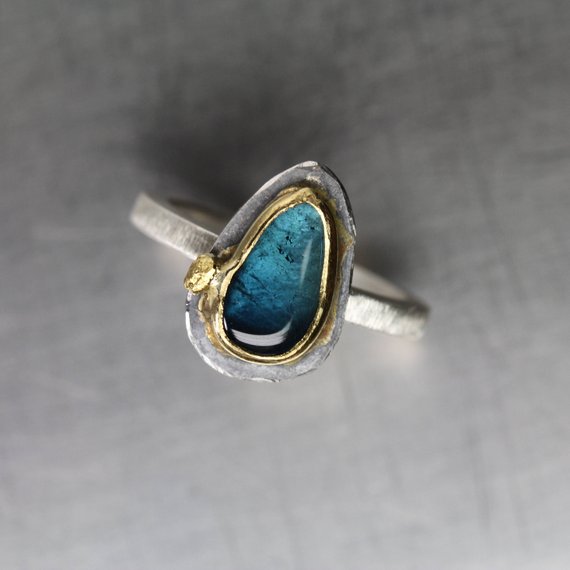 Blue Tourmaline Slice Silver 22k Yellow Gold Statement Ring Tumbled Teal Gemstone Namibia Unique Boho Drop Setting Her - Indicolite Island