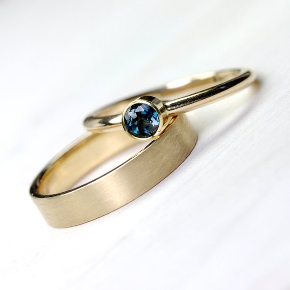 Indicolite Tourmaline 14k 18k Yellow Gold Engagement Ring Or Wedding Set Modern Blue Yellow Elegant Simple Minimalistic Bridal - Adelblau
