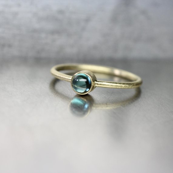 Indicolite Tourmaline 18k Yellow Gold Ring Stackable Modern Delicate Green-blue Teal Color Brazilian Gemstone Round Cabochon - Ocean Driblet