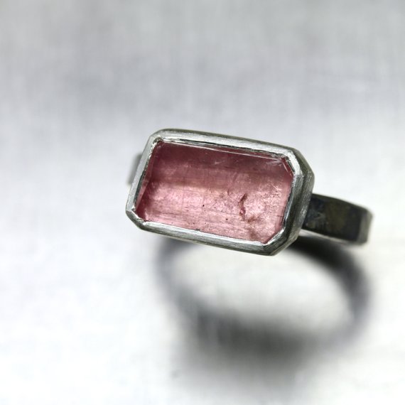 Rustic Freeform Faceted Rough Pale Pink Tourmaline Ring Forged Silver Rectangular Primitive Geometric Asymmetrical Raw Gemstone - Blush Geo