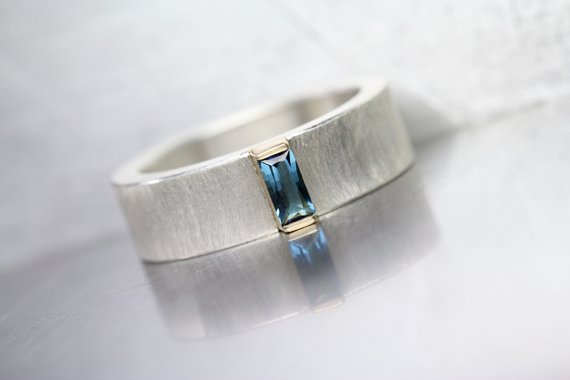 Small Blue Tourmaline Wedding Band Baguette Cut Gemstone Wide Silver 14k Yellow Gold Ring Solid Minimalistic Subtle Design - Indicolite Bar