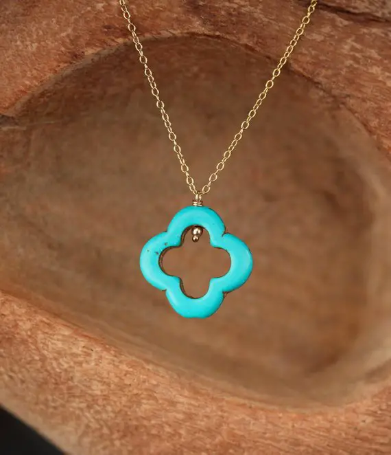 Clover Necklace, Turquoise Pendant Necklace, Quatrefoil Necklace, Lucky Charm, Gift For Mom, A Turquoise Clover On A 14k Gold Vermeil Chain