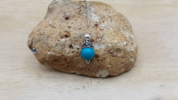 Small Minimalist Turquoise Cone Pendant. December Birthstone Necklace. Reiki Jewelry Uk. 10mm Stone. Bali Silver Beads