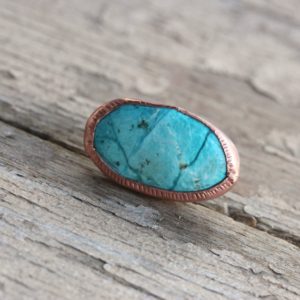 Shop Turquoise Rings! Semi-Rough Oval Turquoise Silver Copper Ring Large Blue Veins Natural Unique Primitive Hammer Textured Bezel Boho Statement – Kupferblitz | Natural genuine Turquoise rings, simple unique handcrafted gemstone rings. #rings #jewelry #shopping #gift #handmade #fashion #style #affiliate #ad