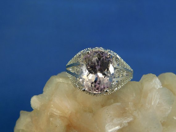 7.08 Ct. Oval Pink Kunzite Ring Art Deco Style Filigree Sterling Silver