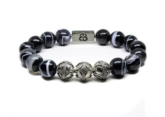 Black And White Agate Stone Bracelet, Bead Bracelets Men, Men's Designer Bracelet, Bracelets For Men, Men's Luxury Bracelet, Black Braclet