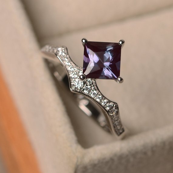 Alexandrite Ring, June Birthstone, Sterling Silver, Princess Cut, Engagement Ring