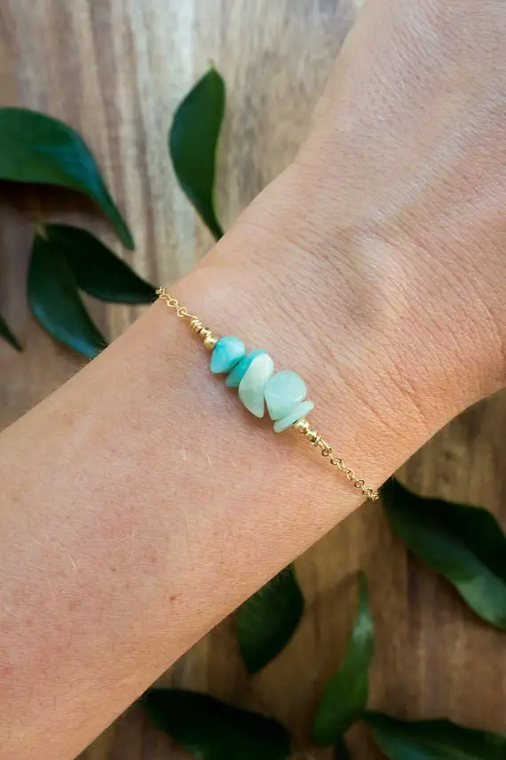 Amazonite Bead Bar Crystal Bracelet In Bronze, Silver, Gold Or Rose Gold - 6" Chain With 2" Adjustable Extender