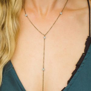 Shop Amazonite Necklaces! Amazonite crystal beaded chain lariat necklace in bronze, silver, gold or rose gold – 16" chain with 2" adjustable extender and 4" drop | Natural genuine Amazonite necklaces. Buy crystal jewelry, handmade handcrafted artisan jewelry for women.  Unique handmade gift ideas. #jewelry #beadednecklaces #beadedjewelry #gift #shopping #handmadejewelry #fashion #style #product #necklaces #affiliate #ad